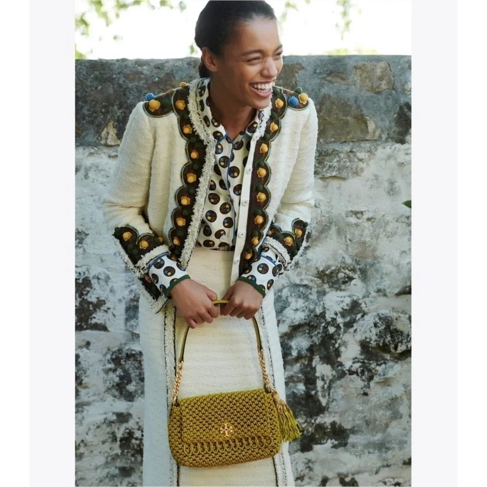 Tory Burch Bag Kira Chevron‎ Macrame Woven Small Shoulder Leather Pear GUC
